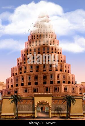 La Torre di Babele, dalla Genesi biblica, raggiunge il cielo, scomparendo nelle nuvole. Il mito di origine che spiega diverse lingue parlate Foto Stock