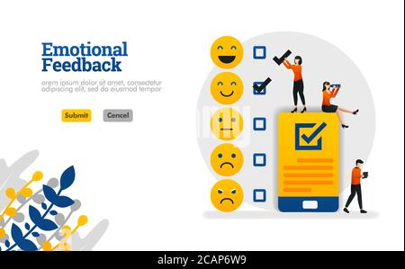 Feedback emotivo con emoticon e checklist su smartphone concetto di illustrazione vettoriale può essere utilizzato per, landing page, modello, ui ux, web, mobile Illustrazione Vettoriale