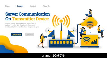 Comunicazione server su dispositivo trasmettitore. Il trasmettitore distribuisce i dati dal database. Concetto di illustrazione piatta vettoriale, può essere utilizzato per, pagina di destinazione, t Illustrazione Vettoriale
