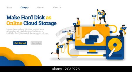 Rendere hard disk come archiviazione cloud online. Condivisione di file in storage rigido all'hosting cloud. Concetto di illustrazione piatta vettoriale, può essere utilizzato per, landing page, tem Illustrazione Vettoriale