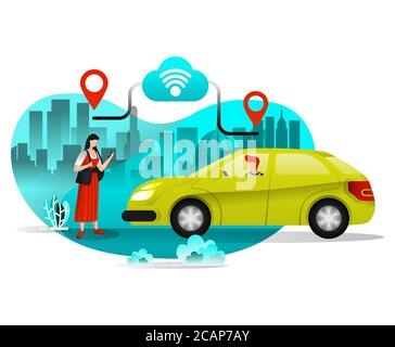 Ragazza che ordina taxi o auto per viaggiare in città. Condividi il giro con il trasporto mobile della città. Stile Cartoon piatto. Illustrazione vettoriale per Pa. Web Illustrazione Vettoriale