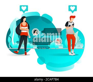 Ragazza che aspetta la risposta dal suo ragazzo. Scambio di messaggi in coppia. Stile Cartoon piatto. Illustrazione vettoriale per pagina Web, elemento, intestazione, Pres Illustrazione Vettoriale