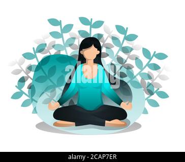 Ragazza si siede in posizione Lotus. Benefici della meditazione e dello Yoga per la pace della mente e dell'emozione, l'inizio dell'idea e dell'ispirazione. Illustrazione vettoriale per Illustrazione Vettoriale