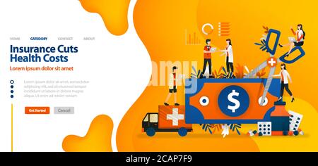 L'assicurazione taglia i costi di salute. Denaro tagliato con forbici giganti. Concetto di illustrazione vettoriale può essere utilizzato per landing page, modello, ui ux, web, app mobile, Illustrazione Vettoriale