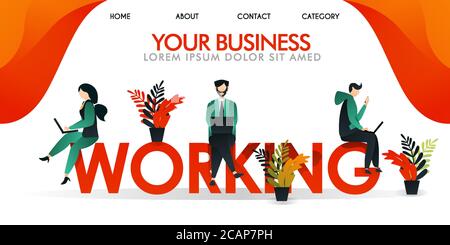 Illustrazione Vettoriale. pagina web ui ux landing page, banner. un gruppo di persone che lavorano su le parole 'lavoro', in colore giallo / arancio. uomini e donne Illustrazione Vettoriale