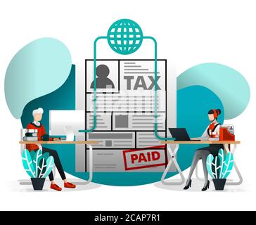 Illustrazione Vettoriale del concetto di elemento Web, Mobile, poster, striscioni. On-line pagamento tasse, creazione di report e la Rivendicazione. Uomo di imposta di contatto Servizio Clienti per chiedere Illustrazione Vettoriale