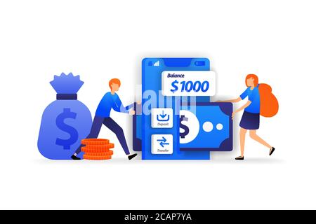 app per il mobile banking. un luogo sicuro per risparmiare denaro, una donna aggiunge denaro da depositare in conto. concetto di illustrazione vettoriale aziendale per, landing page, web, Illustrazione Vettoriale