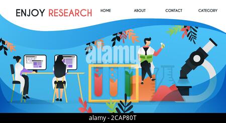 Scienziato in laboratorio. scienziati che stanno godendo il lavoro a sedersi su microscopi e i fluidi pericolosi, template vettoriale sfondo, isolati possono essere utilizzare per Illustrazione Vettoriale