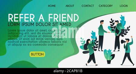 Fare riferimento a un amico vettore illustrazione concetto, le persone sono scuotimento mano con la parola di riferimento un amico, , può utilizzare per, landing page, modello, ui, web, mobile A. Illustrazione Vettoriale