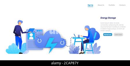 risparmio energetico e storage su database cloud per la comunicazione accesso personale ai dati wireless. concetto di illustrazione semplice per landing page, web, Illustrazione Vettoriale