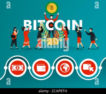 Gruppo di persone che sono interessati a BITCOIN e gli uomini lo stanno promuovendo. Può utilizzare per, landing page, modello, ui, web, app mobile, poster, banner, onli Illustrazione Vettoriale