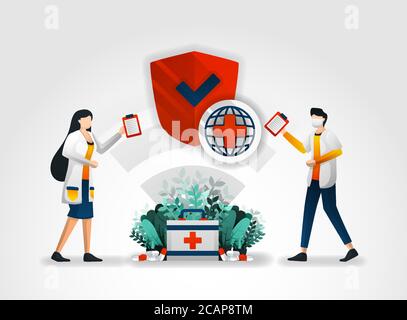carattere piatto. i medici forniscono le politiche di sicurezza per i servizi ospedalieri per assicurare la salute dei pazienti. per garantire la sicurezza dei clienti del servizio sanitario pr Illustrazione Vettoriale