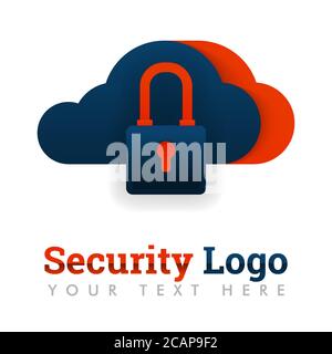 Modello di logo di sicurezza per lo storage cloud, lo storage sicuro, la protezione dei database, l'hosting, il settore Internet, la tecnologia, la sicurezza dei dati, il database, online Illustrazione Vettoriale
