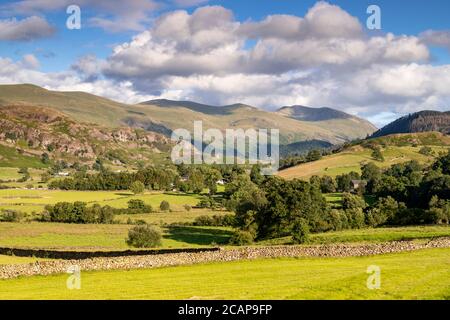 Campi e montagne a Castlerigg, Lake District, Inghilterra Foto Stock