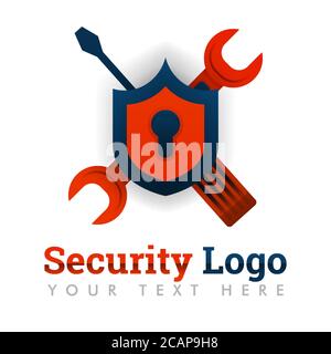 Modello di logo di sicurezza per riparazione, manutenzione, aggiornamento, settore software, errori, bug, tecnologia, internet, online, industria digitale, web design Illustrazione Vettoriale