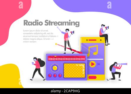 podcast radio Illustrazione concetto, ascoltare musica vecchia con un lettore mobile. Design moderno e piatto per il sito Web Landing page, l'interfaccia utente delle app mobili, banner Illustrazione Vettoriale