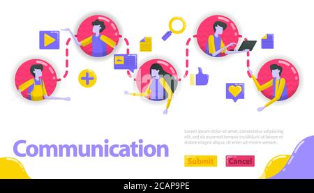 Illustrazione della comunicazione. Le persone sono collegate tra loro nella comunicazione e nella linea della comunità. I social media collegano le persone. Conn. Vettore piatto Illustrazione Vettoriale