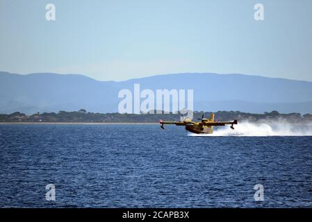 Penisola di Giens che scopano in mare dalle acque di Canadair bombardiere Foto Stock