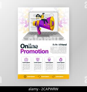 Promozione online e segnala un amico business poster con cartoni animati flat illustrazione. Volantino brochure rivista copertina design layout spazio per pro Illustrazione Vettoriale