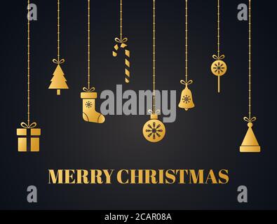 Decorazione di Natale. Ornamenti in oro isolati su sfondo scuro. Giocattoli di natale sospesi luminosi, albero, scatole regalo, fiocchi di neve, palle di Natale, cappello di santa, Illustrazione Vettoriale