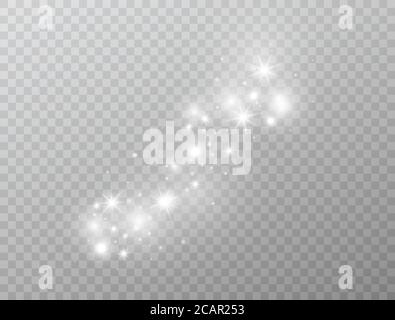 Effetto luminoso bianco isolato su sfondo trasparente. Particelle di polvere Magic glitter. Stella scoppiata con scintille. Flare splendente.Vector illustri Illustrazione Vettoriale