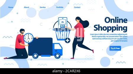 Shopping online o landing page di e-commerce. Acquista con le app mobili e ricevi spedizione gratuita e veloce con il servizio logistico nel nostro negozio. Vettore Illustrati Illustrazione Vettoriale