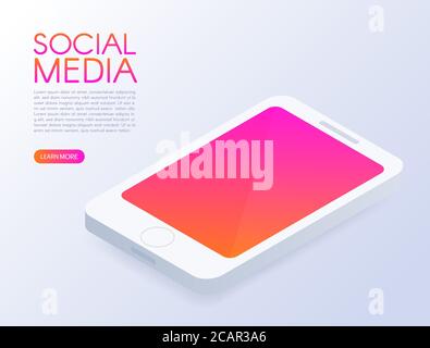Telefono isometrico. Simulate il telefono cellulare. Progettazione di social media. Schermo con gradiente moderno. Interfaccia Web semplice e intelligente. Sviluppo di applicazioni. i 3d Illustrazione Vettoriale