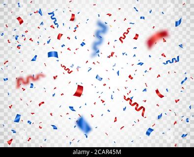 Confetti rossi e blu cadenti su sfondo trasparente. Buon giorno dell'Indipendenza. Elementi di design per la celebrazione degli Stati Uniti. Decorazioni luminose per feste di compleanno Illustrazione Vettoriale