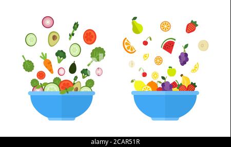 Recipiente per verdure. Ciotola di frutta. Insalata con verdure fresche e frutta in ciotole blu. Concetto di cibo biologico in stile piatto. Illustrazione vettoriale. Illustrazione Vettoriale