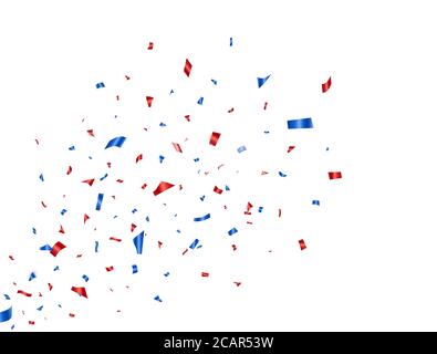 Confetti blu e rosso splash. Confetti di colore glitter cadenti su sfondo bianco. Decorazione Happy Independence Day. Festa sfondo. Banner USA. Holid Illustrazione Vettoriale
