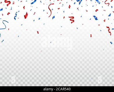 I confetti rossi e blu cadono su sfondo trasparente. Decorazione Happy Independence Day. Banner USA. Elementi di design luminosi per Birthda Illustrazione Vettoriale