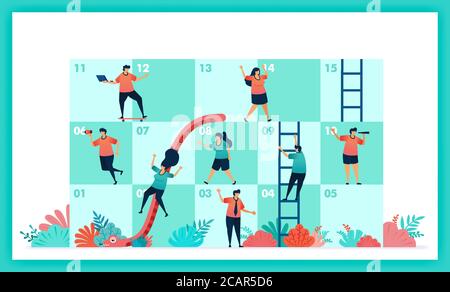 Progettazione vettoriale di Snakes e ladder in collaborazione e lavoro di squadra. Sfide nel business. Il giocatore apporti il lavoro di squadra per completare gli ostacoli nel serpente Illustrazione Vettoriale