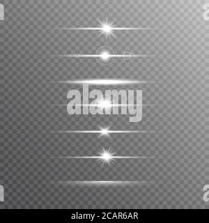 Linea luminosa impostata su sfondo trasparente. Brillare le travi. Luce realistica dell'obiettivo. Flash con raggi e riflettori. Luci incandescenti, stelle e scintille. Illustrazione Vettoriale