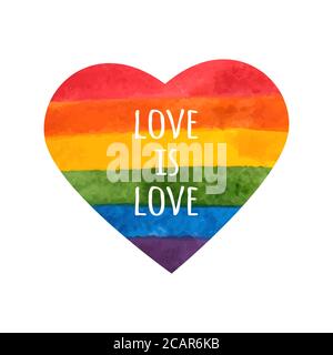 Arcobaleno cuore. L'amore è amore - slogan dell'orgoglio. Cuore LGBT. Arcobaleno dipinto a mano. Cartellino del giorno di tolleranza. Illustrazione vettoriale. Illustrazione Vettoriale