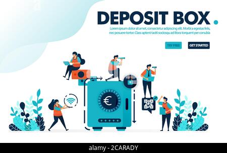 Illustrazione vettoriale concetto di cassetta di sicurezza. Le persone si assicurano e risparmiano denaro nelle banche, risparmiano e investono con le banche. Progettato per landing page, Web, Illustrazione Vettoriale