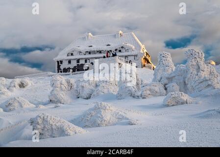 Capanna di montagna, pini nani, ghiaccio e neve racchiusi, all'alba, cima di Szrenica, Parco Nazionale di Karkonosze, Polonia Foto Stock