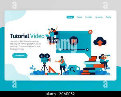 Illustrazione vettoriale per la pagina di destinazione del tutorial video. Piattaforma di apprendimento, produzione broadcast per l'istruzione. Apprendimento moderno. Chat e webinar di tutoring Illustrazione Vettoriale