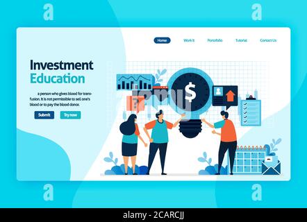 landing page disegno vettoriale per l'istruzione di investimento. ritorno di investimento con pianificazione, borsa e fondi comuni, reddito fisso, mercato monetario. fo Illustrazione Vettoriale