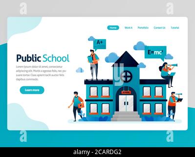 Illustrazione vettoriale per la landing page Education. Edifici scolastici pubblici e luoghi di lavoro, borse di studio online, apprendimento moderno, e-learning Illustrazione Vettoriale