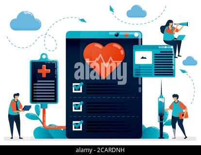 Cardiologia medica controllare per la salute. Ospedale, clinica, laboratorio per la diagnosi e il trattamento delle malattie cardiache,. Illustrazione vettoriale a caratteri piatti per Illustrazione Vettoriale