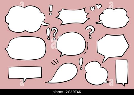 Set di bolle vocali disegnate a mano. Illustrazione vettoriale isolata su sfondo rosa. Illustrazione Vettoriale