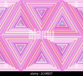Dimensioni triangolari, sfondo astratto geometrico ripetibile. Mosaico triangoli in colori al neon brillanti - blu, rosa. Modello vettoriale senza giunture. Illustrazione Vettoriale