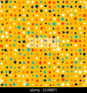 Stelle brillanti multicolori, colori vivaci casuali - cute bambini motivo sfondo. Modello vettoriale senza giunture. Sfondi colorati per bambini sfondo. Illustrazione Vettoriale