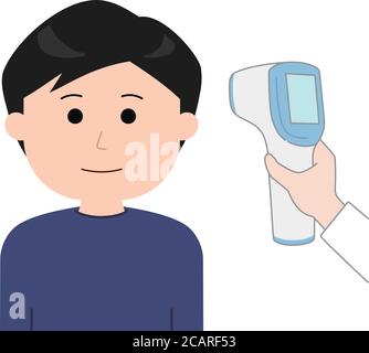 Infermiere o medico controlla la temperatura corporea degli uomini utilizzando un termometro a infrarossi fronte pistola per corona-virus. Isolato su sfondo bianco. Illustrazione Vettoriale