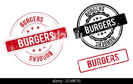 francobollo hamburger, cartello con la scritta "burgers round grunge". etichetta Illustrazione Vettoriale