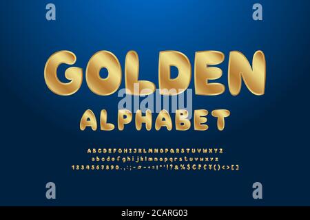 Alfabeto dorato. Carattere vettoriale ricco in grassetto, lettere maiuscole e minuscole, numeri, segni di punteggiatura, simboli di valuta. Sfondo sfumato blu scuro. Illustrazione Vettoriale