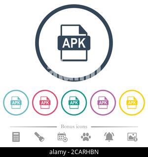 Icone a colori piatte in formato file APK con contorni arrotondati. 6 icone bonus incluse. Illustrazione Vettoriale