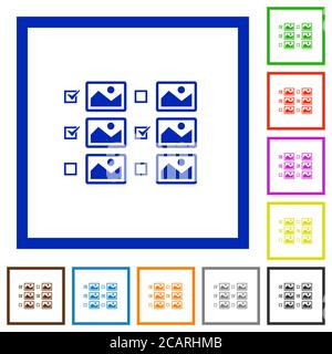 Selezione di più immagini con caselle di controllo icone di colore piatte in cornici quadrate su sfondo bianco Illustrazione Vettoriale