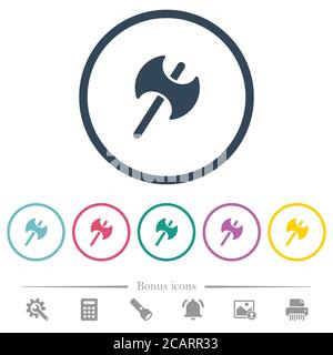 Icone a due teste di colore piatto dell'ascia da battaglia con contorni rotondi. 6 icone bonus incluse. Illustrazione Vettoriale