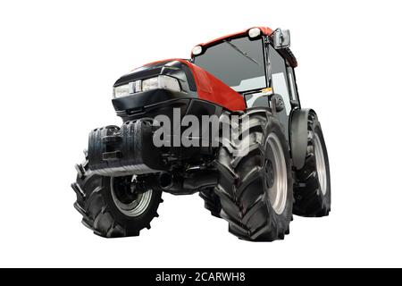 Trattore agricolo a ruote rosse isolato su sfondo bianco Foto Stock